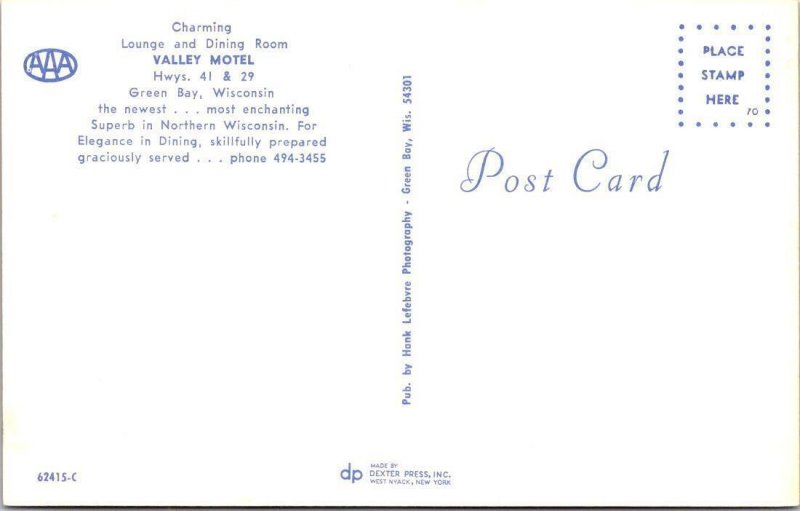 Green Bay, WI Wisconsin  VALLEY MOTEL Lobby/TV & Room ROADSIDE ca1960's Postcard