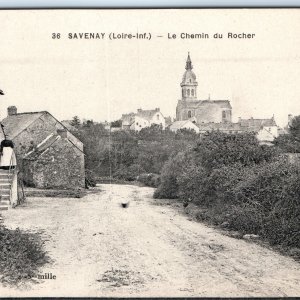 c1910s Savenay, France Le Chemin du Rocher Church Tower Rustic Houses Path A359