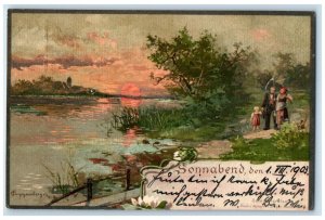 1903 Sunset View Fishing Equipment Fishing Family Saturday Austria Postcard