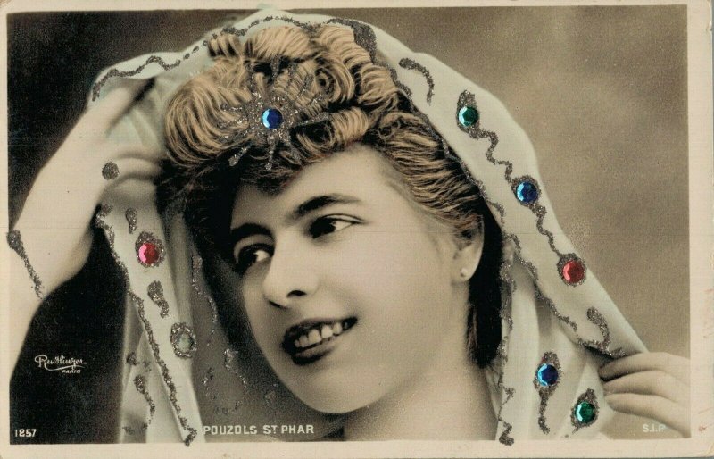 Art Nouveau Jugendstil Woman Smile Scarf Vintage Postcard RPPC 06.90