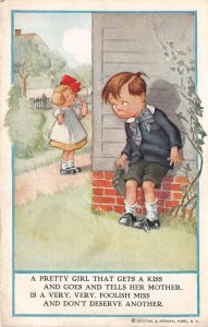 US6158 boy and girl after they kissed comic postcard uk artist signed