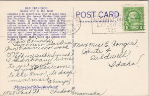 Greetings from San Francisco CA Large Letter c1939 Expo Cancel Postcard G58 