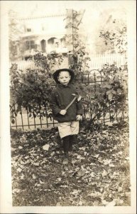 Fire Fighting Little Boy Helmet Axe Brooklyn NY Studio c1910 Real Photo Postcard