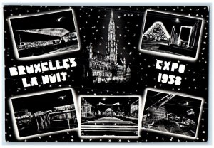 1958 Stars Moonlight Night View Multiview Brussels Expo RPPC Photo Postcard