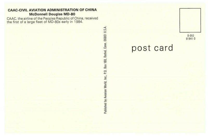 CACC Civil Aviation Administration of China McDonnell Douglas MD-80 Postcard