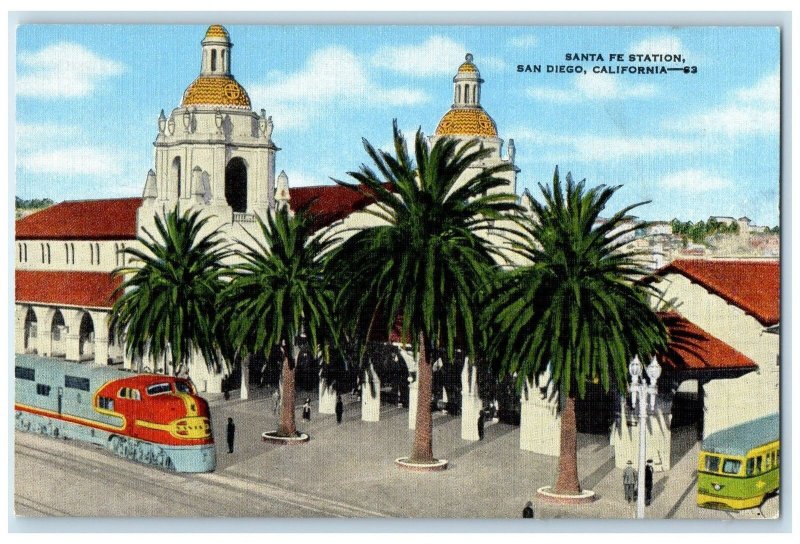 c1940 Bird's Eye View Of Santa Fe Station San Diego California CA Train Postcard