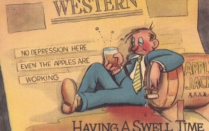 Linen Comic Postcard - Having A Swell Time - Man Getting Drunk