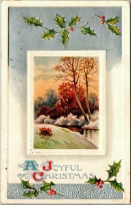 VTG 1909 Creek Nature Scene Holly Leave Silver Foil Joyful Christmas Postcard