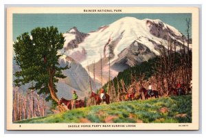 Saddle Horse Party Mt Rainier National Park Washington UNP Linen Postcard S25