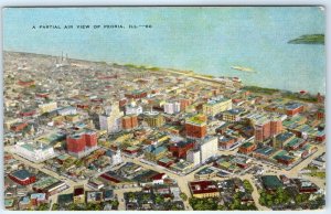 c1940s Peoria, IL Birds Eye Downtown Aerial Air View Lake Michigan Linen PC A272