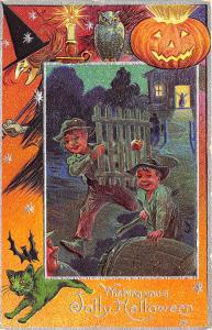 Jolly Halloween Fence Running Boys Witch J-O-L Green Cat Embossed Postcard