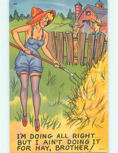 Unused Linen risque SEXY FARM GIRL WEARS ONLY OVERALLS & STOCKINGS r2102@