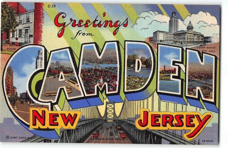 CAMDEN, NEW JERSEY Large Letter Linen Postcard, 1943 - Delaware River Bridge