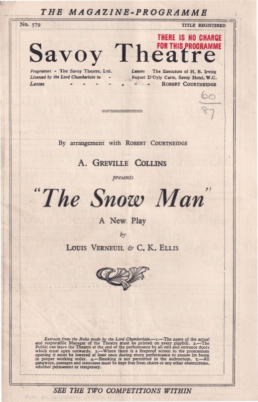 The Snowman Gertrude Kingston A Greville Collins Theatre Programme