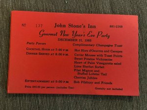 1985 Gourmet New Year's Eve ticket  John Stone's Inn Ashland MA red