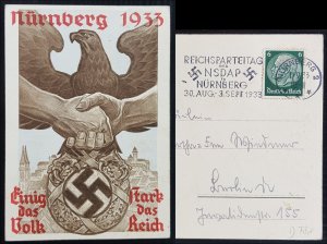 GERMANY THIRD 3rd REICH NSDAP CONGRESS NÜRNBERG RALLY SPECIAL POSTMARK CARD