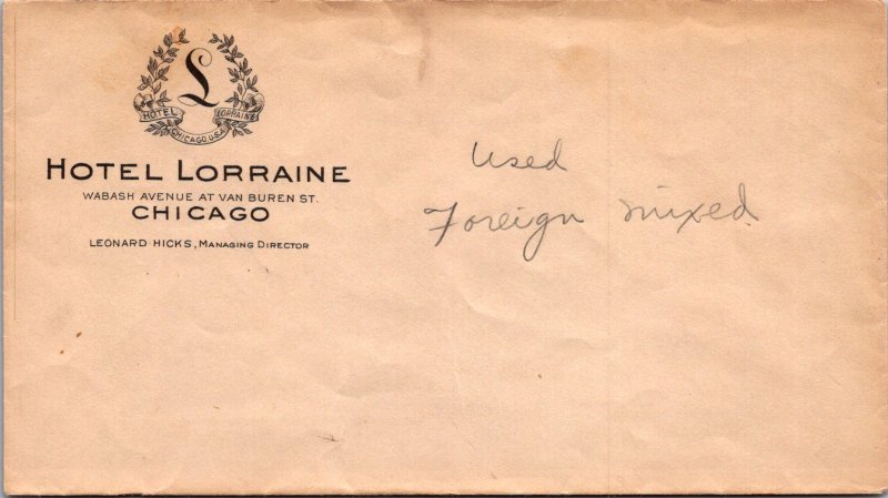 Hotel Lorraine Chicago vintage stationery envelope cachet