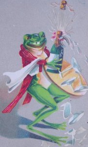 Fantasy Frog Anthropomorphic Humanized Champagne Vintage Postcard Germany Unused