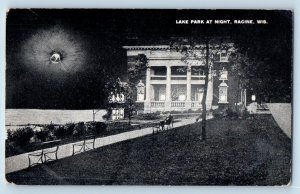 Racine Wisconsin WI Postcard Lake Park Night Scene Building Exterior Bench 1916