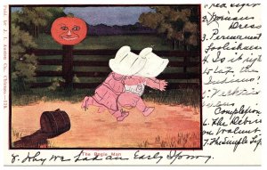 The Bogie Man Halloween Postcard J I Austin Sunbonnet Girls Jack O'Lantern 1905