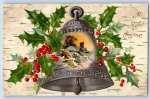 Christmas Postcard Giant Ringing Bell Holly Berries Winsch Back Embossed c1910's