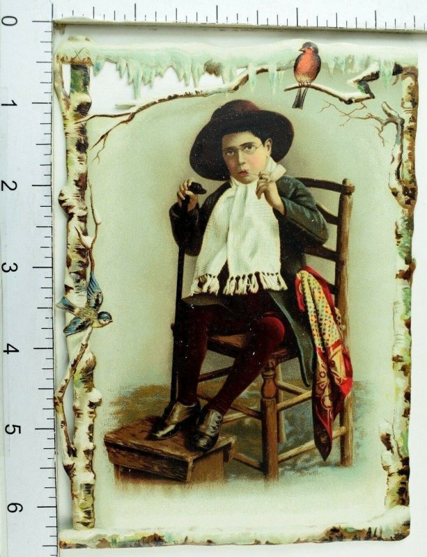 1870's-80's Lovely Winter Die Cut Boy Pipe Snow Bird Christmas Victorian Card *X