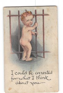 Naked Baby in Jail Creased Damaged Postcard 1907-1915 Arrested What I Think