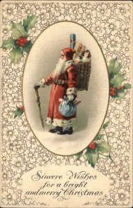 Christmas Santa Claus Basket Toy Sack Flowers Holly Gilt Embossed c1900s-20s PC