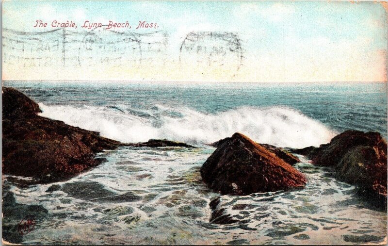 Cradle Lynn Beach Massachusetts MA Crashing Waves Boulder Rocks Postcard Note PM 