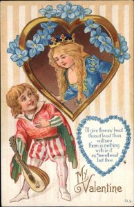 Valentine Pretty Little Girl Princess Crown Boy with Mandolin c1910 Postcard