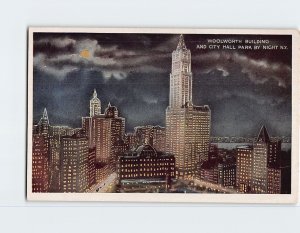 Postcard Woolworth Building And City Hall Park By Night, New York City, New York