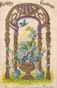 BIRTHDAY 1900-10s Greetings Forget-Me-Nots in Outdoor Vase under canopy