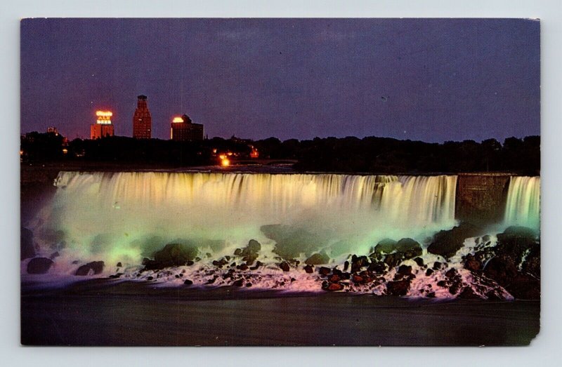 American Falls Illuminated Niagara Falls Ontario Canada Night Postcard UNP VTG 