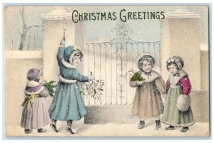 c1910's Christmas Greetings Children Knocking Snow Winter Antique Postcard