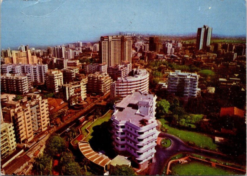 VINTAGE CONTINENTAL SIZE POSTCARD AERIAL VIEW OF BOMBAY INDIA + STAMPS 1974
