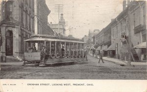 J86/ Fremont Ohio Postcard c1910 Croghan Street Trolley Stores  164
