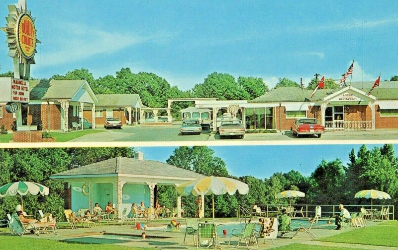 Postcard Two Views of Magnolia  Motel. Pool and Old Chrome Cars. Vicksburg,MI S3