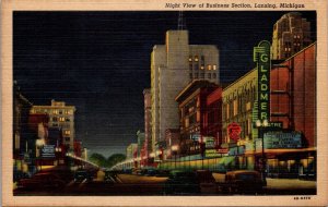 Linen Postcard Night View of Business Section Street Scene in Lansing, Michigan