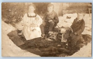 c1910's Children With Doll Toys Picnic RPPC Photo Unposted Antique Postcard