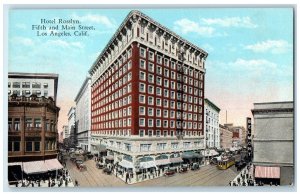 c1930's Hotel Rosslyn Fifth And Main Street Cars Trolley Los Angeles CA Postcard
