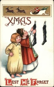 Christmas Children Hang Stocking Santa Sleigh Border Vintage Postcard