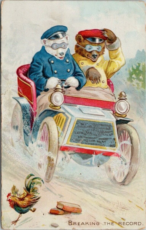 Little Bears Driving Car 'Breaking The Record' Racing Speed Tuck Postcard F62