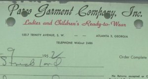 1952 Parco Garment Company Inc Trinity Ave Atlanta GA Clothes Blouse Invoice 325 