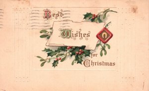 Vintage Postcard 1912 Best Wishes For Christmas Greetings Card Holly Berries