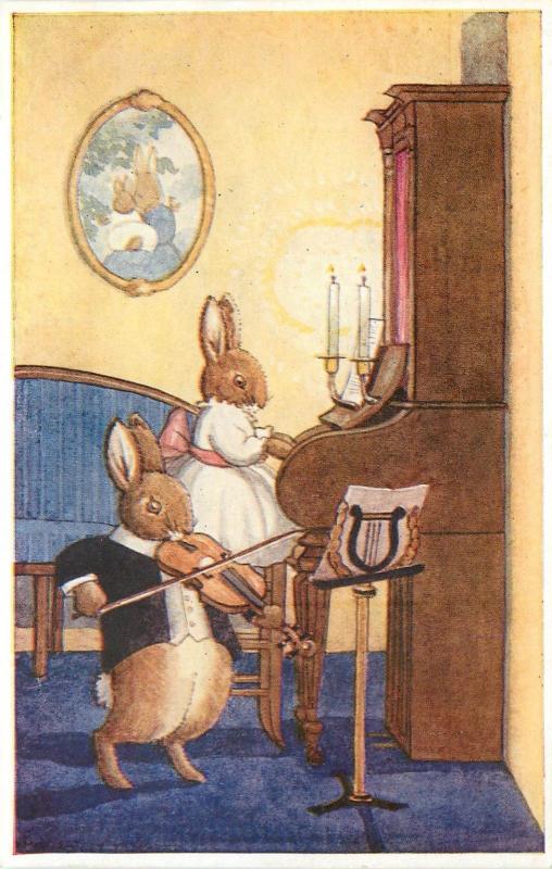 Medici Postcard 43/6266 Margaret Tempest, The Duet, Dressed Rabbits Violin Piano