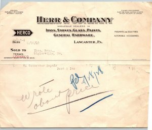 1928  Lancaster  Pennsylvania  Herr & Company  Receipt  8 x 7