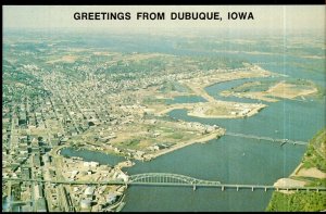 Iowa DUBUQUE Aerial View Iowa-Illinois Bridge in Foreground North - Chrome