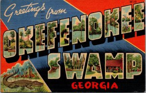 Vtg 1950s Large Letter Greetings Okefenokee Swamp Georgia GA Ailligator Postcard