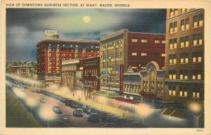 Postcard Georgia Macon Downtown business Night autos Tichnor Service 23-1243