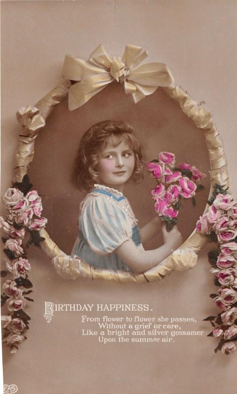 Birthday Happiness~Little Girl posing w Roses~Schwerdtieger & Co (New York) RPPC